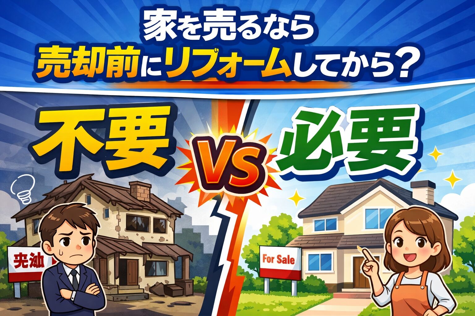 家を売るなら売却前にリフォームが不要vs必要がのイラスト