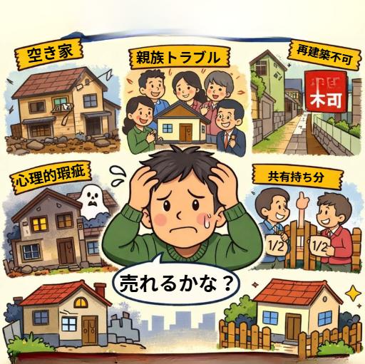 訳アリ不動産の売却に悩む群馬県民のイラスト