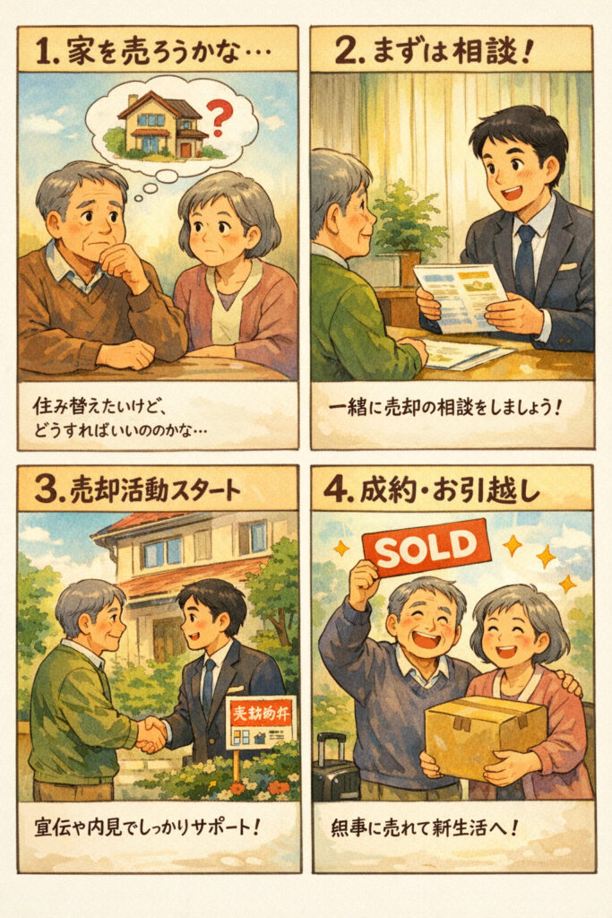 売却の流れを4コマ漫画に