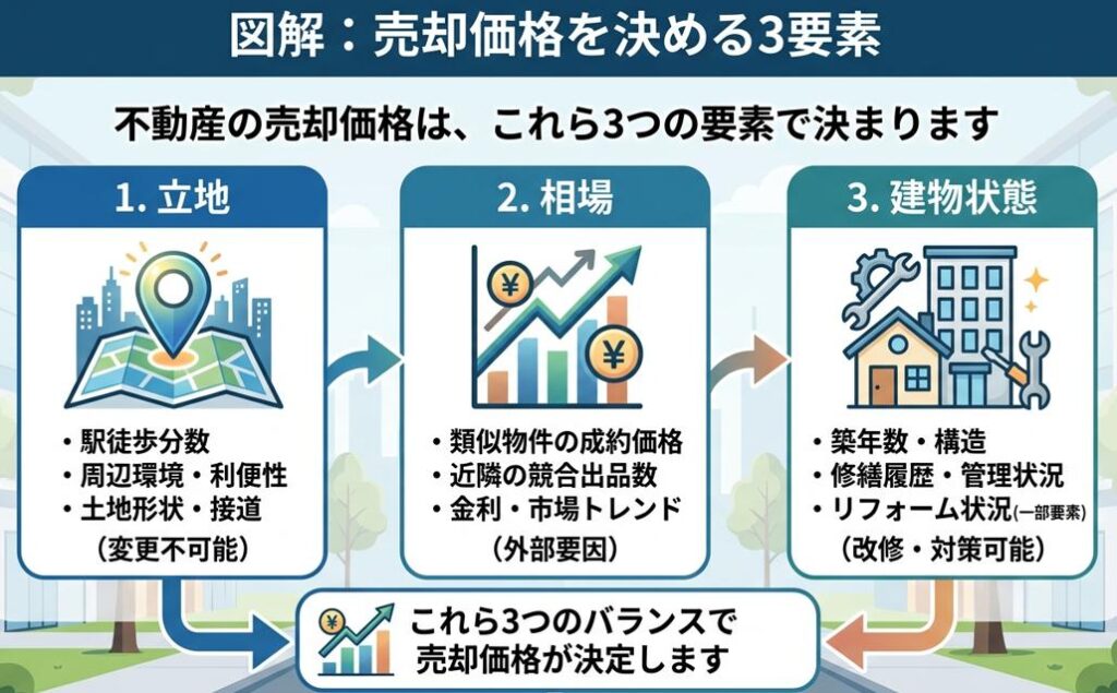売却値段を決める3要素の解説イラスト