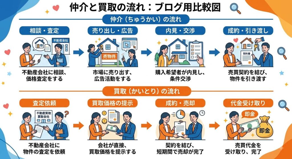 不動産の仲介と買取の流れの比較図